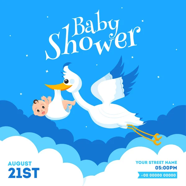 Baby Shower invitation card design with stork lifting infant and — Stock Vector