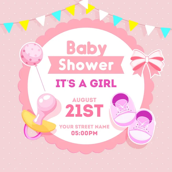 Baby Girl Shower invitation card design with sticker style bow r — Stock Vector