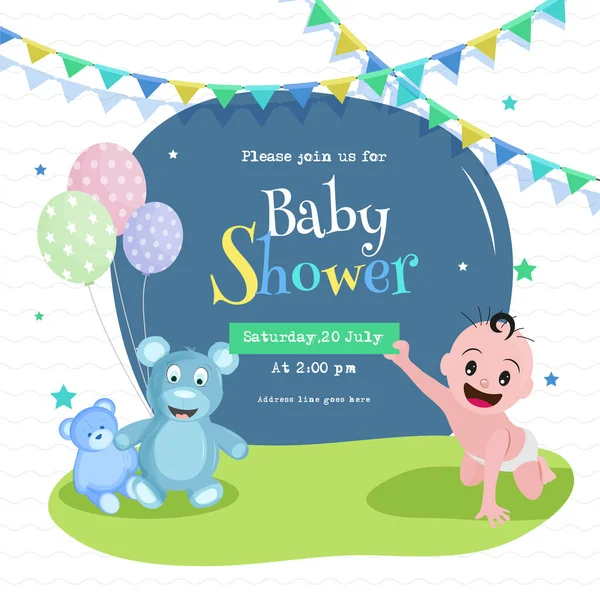 Baby Shower poster or invitation card design with cute baby, ted — Stock Vector