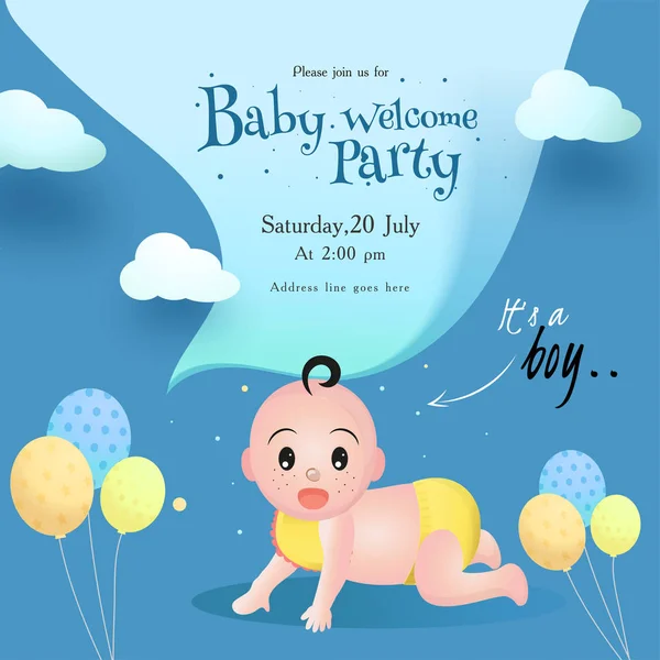 Baby Willkommensparty Einladungskarte Design mit niedlichen kleinen Jungen, — Stockvektor