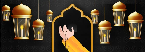 Praying human hands in front of mosque door and hanging illumina — Stock Vector