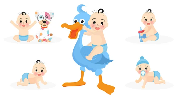 Set of cute infant boy characters with stork, toys, puppy and mi — Stock Vector