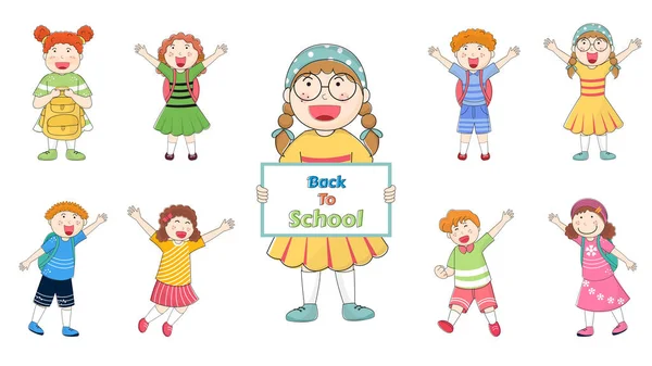 Conjunto de crianças felizes desenhos animados em fundo branco para Back to School — Vetor de Stock