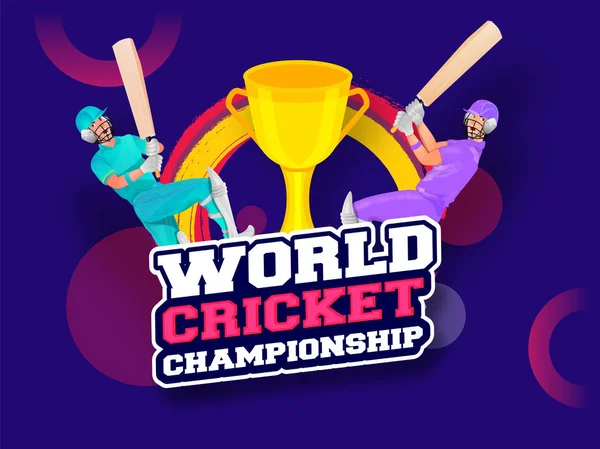 World Cricket Championship with cricket batsman and trophy on bl — 스톡 벡터