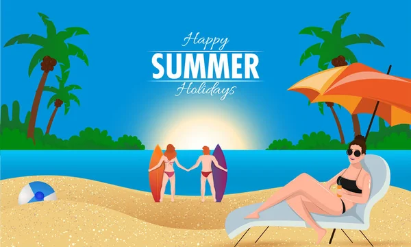 Happy Summer Holiday banner o poster design con uomo turistico e — Vettoriale Stock