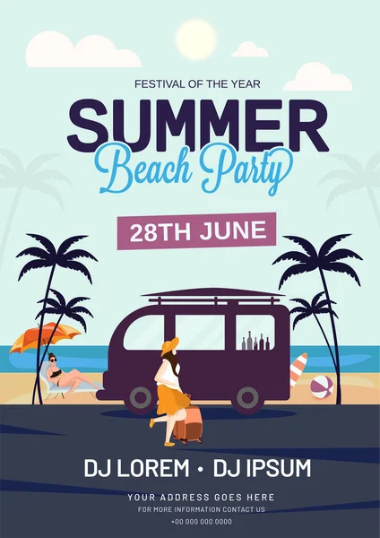 Summer Beach Party invitation card design with date, time and ve — Stock Vector