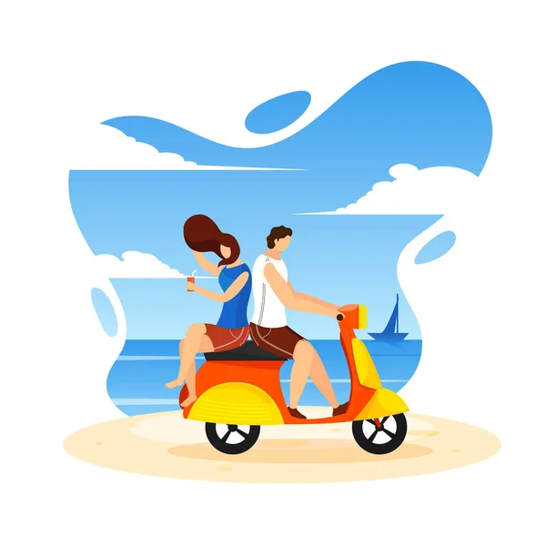 Young couple riding scooter on beach background. Can be used as — Stock Vector