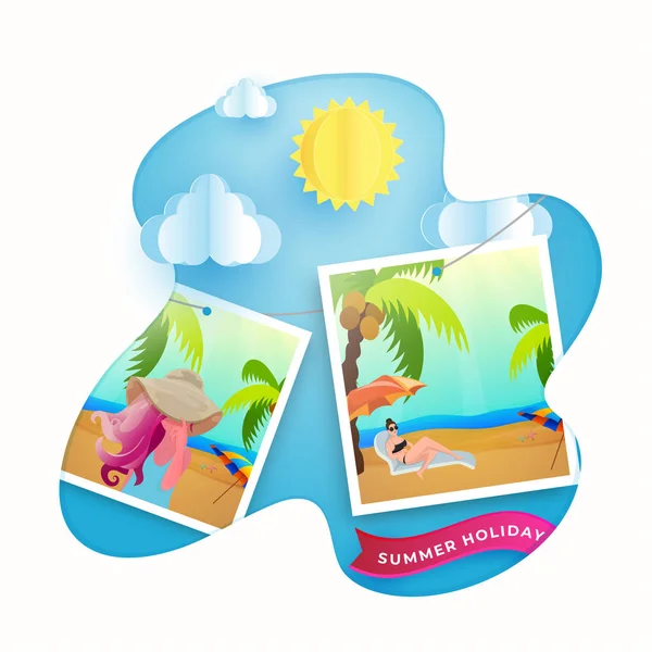 Summer trip enjoying female photos with sun and paper clouds for — Stock Vector