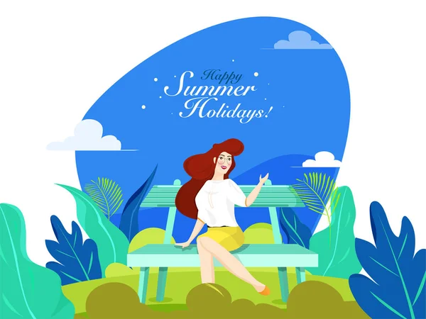 Belle fille assise sur fond de banc de jardin pour Happy Summ — Image vectorielle