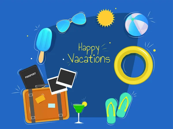 Happy Vacation banner or poster design with summer elements such — Stock Vector