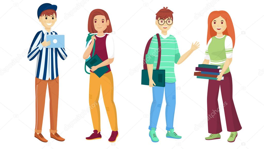Young cartoon character of students in standing pose. Can be use