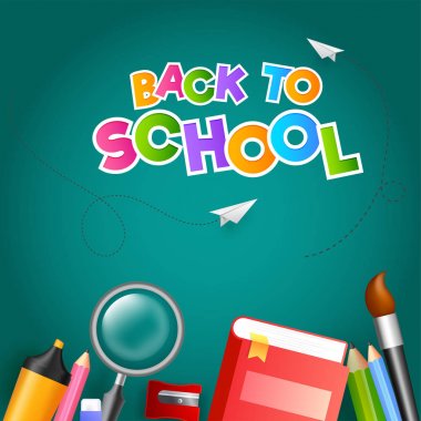 Colorful text Back To School with paper plane and education supp clipart