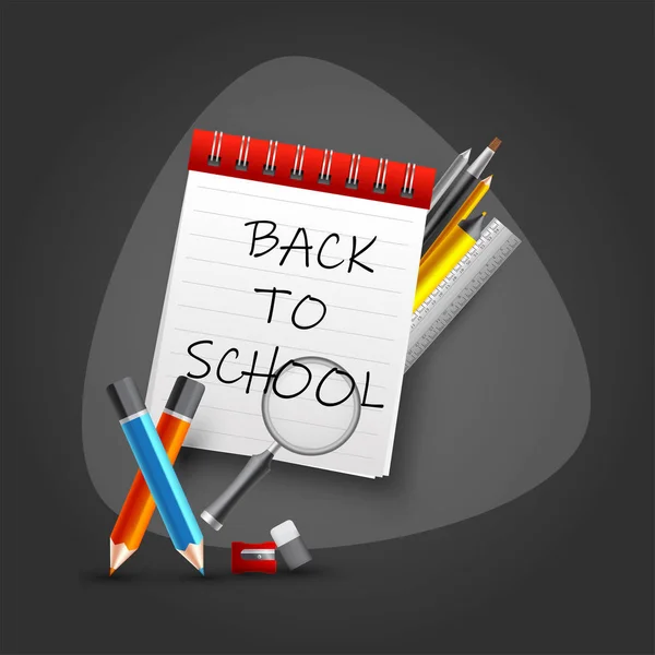 Back To School text on notebook with school supplies elements su — Stock Vector