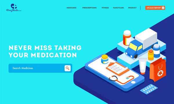 Webbplats banner med olika medicinsk utrustning och medicin del — Stock vektor