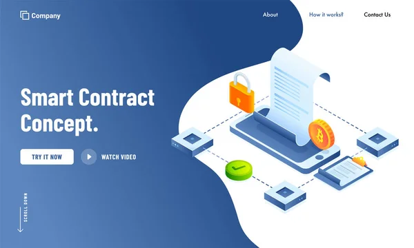 Pagina di destinazione Digital Smart Contract design con concep isometrico — Vettoriale Stock