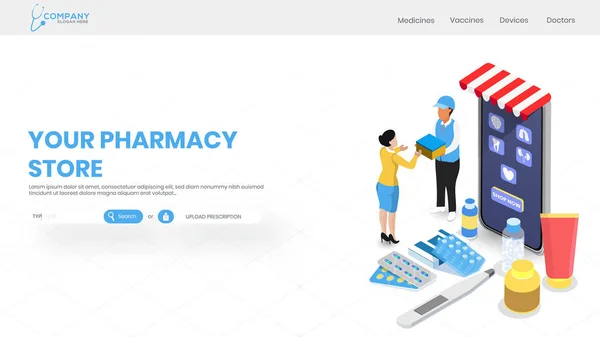 Online-Apothekenservice mit isometrischer Ansicht des medizinischen Geschäfts auf s — Stockvektor