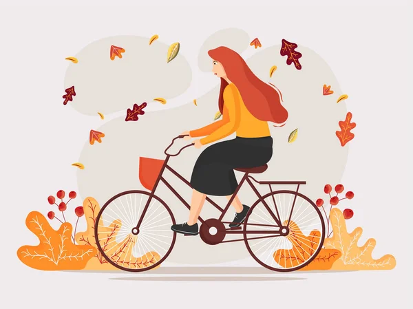 Cartoon karakter van vrouw paardrijden fiets op forest achtergrond f — Stockvector