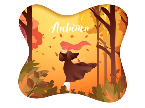 Creative Hello Autumn banner or poster design with back view of — Stock Vector