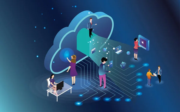 Grupa osób pracujących na Cloud Storage data sharing koncepcja ba — Wektor stockowy