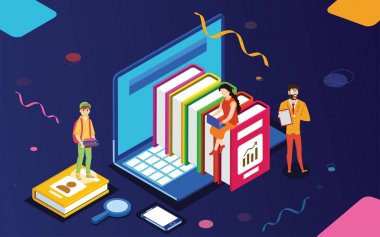 Online Kütüphane kavramı dizüstü bilgisayar, b isometrik illüstrasyon dayalı