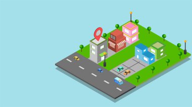 Avluda trafik caddesi boyunca akıllı binaların 3d illüstrasyon 