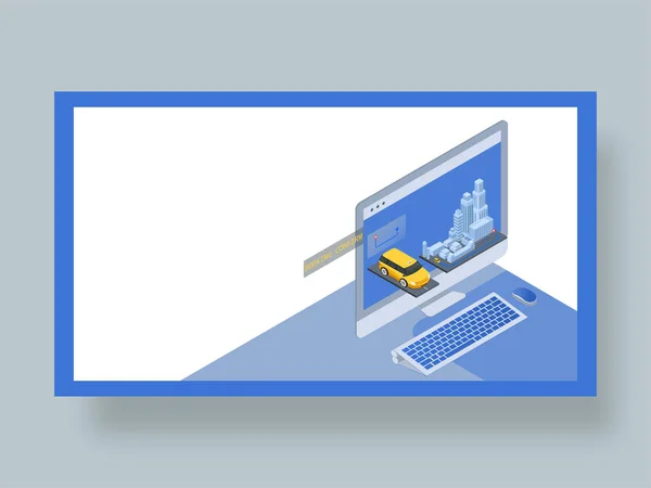 Isométrica reserva de taxi en línea desde el ordenador portátil, diseño de la página de aterrizaje en — Archivo Imágenes Vectoriales