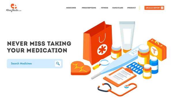 Website banner met verschillende medische apparatuur concept voor genezing — Stockvector