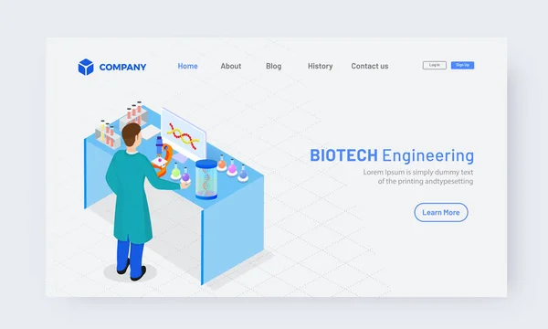Isometrische biotechnologie engineering landing page ontwerp met illustrat — Stockvector