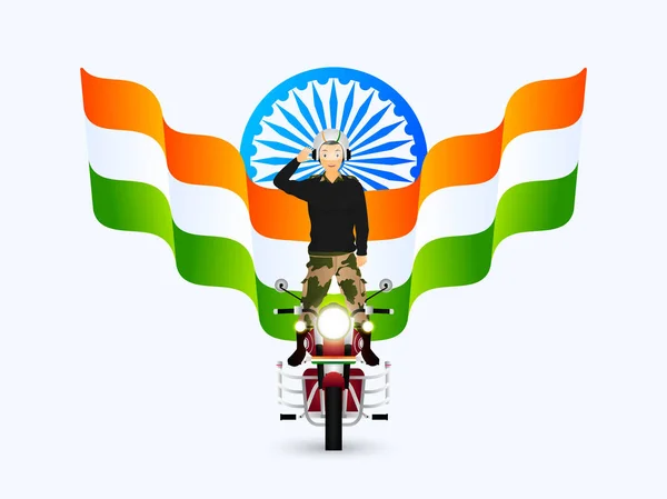 Saluting Army officer performing stunt on bullet with Indian wav — Stock Vector