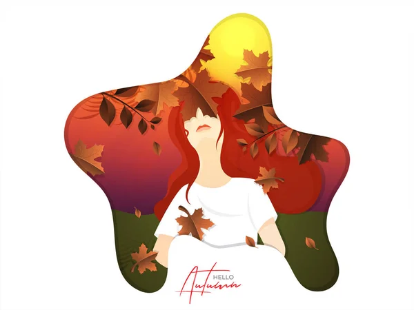 Belle fille sur fond de vue sur la forêt coucher de soleil pour Hello Autumn — Image vectorielle