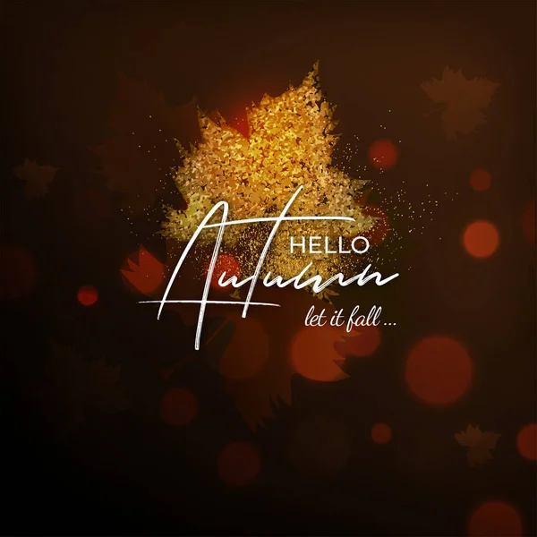 Hello Autumn dejó caer texto de caligrafía con mapeo de brillo de oro — Vector de stock