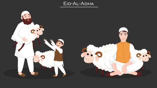 Illustration of muslim men sacrificing sheep animals on black ba — Stock Vector