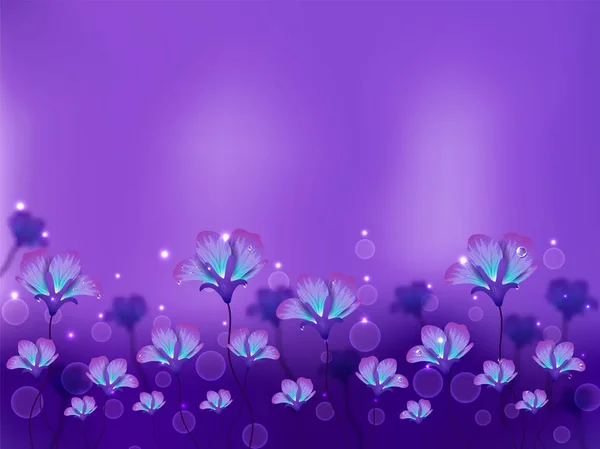 Mooie bloeiende bloemen en bubbels versierd paarse backgrou — Stockvector