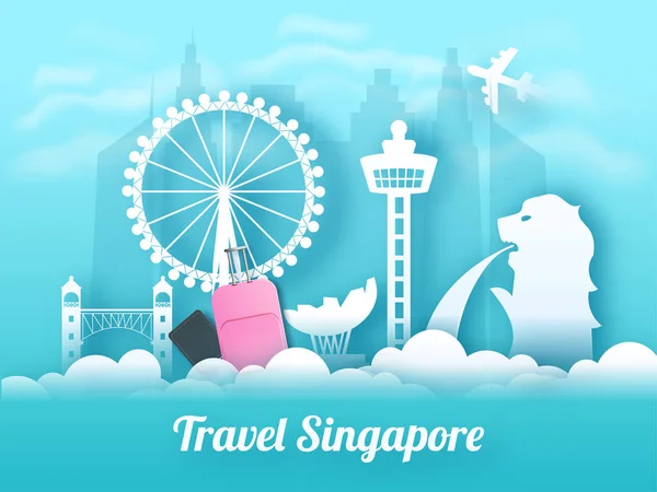 Viajes Singapur banner o diseño de póster con ilustración de fa — Vector de stock