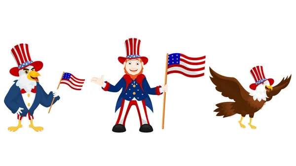 Cartoon character of usa man and eagle holding american flag wea — Stock Vector