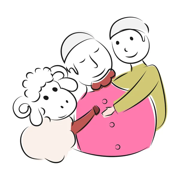Το σκίτσο του πατέρα που κουβαλάει το γιο του στην αγκαλιά και τα πρόβατα — Διανυσματικό Αρχείο