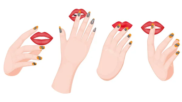 Frauenhand mit unterschiedlichen Gesten und Lippen. — Stockvektor