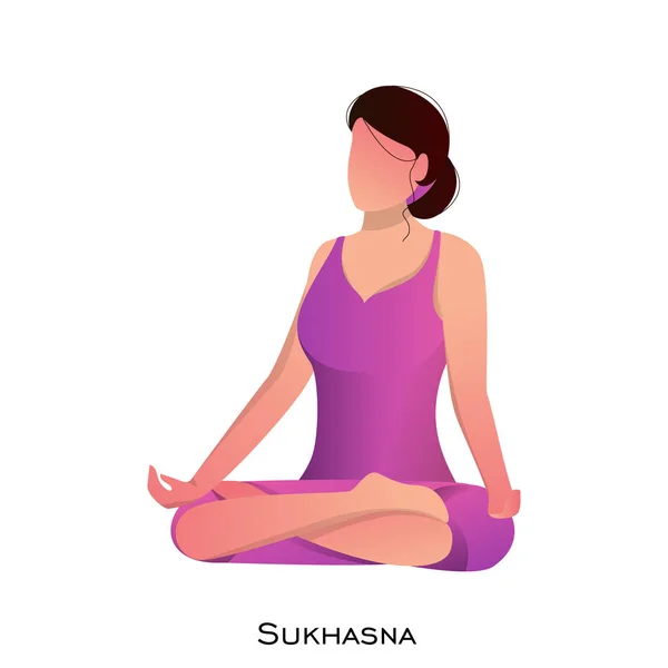 Jonge vrouw zittend in meditatie of Sukhasana pose. — Stockvector