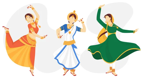 Ilustración de mujeres indias bailarinas clásicas en diferentes poses . — Vector de stock