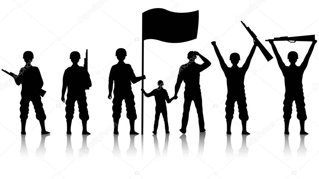 Silhouette of Soldiers holding wavy flag with rifles on white ba