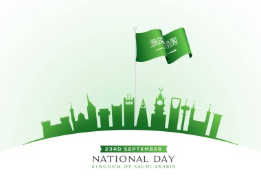 Saudi Arabia National wavy Flag with green silhouette Famous Monuments for Kingdom of Saudi Arabia, 23rd September National Day celebration concept. clipart