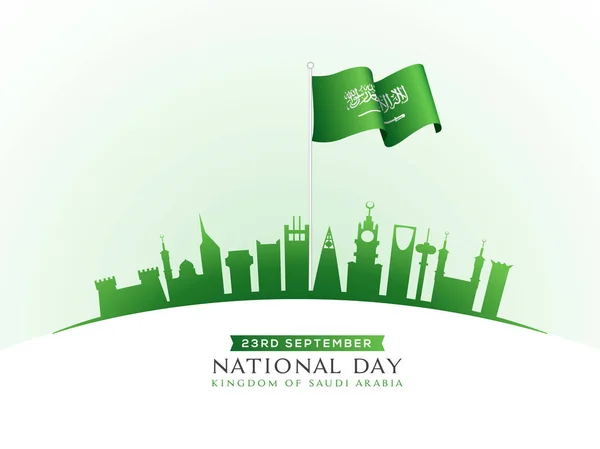 Saoedi-Arabië nationale golvende vlag met groene silhouet beroemde monumenten voor Koninkrijk Saoedi-Arabië, 23 september nationale dag viering concept. — Stockvector