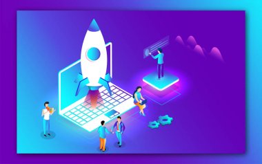 İş adamları dizüstü bilgisayardan roket fırlatmak için birlikte çalışıyor 