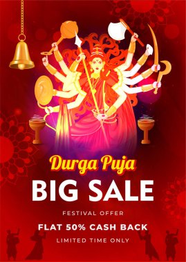Durga Puja Big Sale şablonu veya el ilanı tasarımı ile 50% indirim o