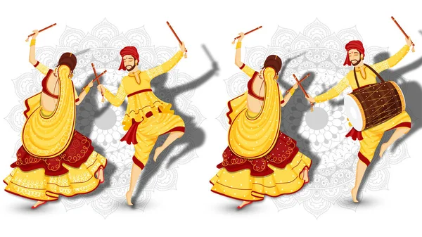 Мужчина и женщина танцуют в дандийской позе, барабанщик играет доктора — стоковый вектор