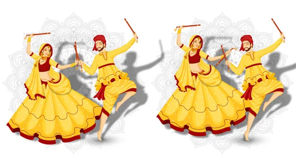 Conjunto de personajes de pareja bailando con palos dandiya en hombre blanco — Vector de stock