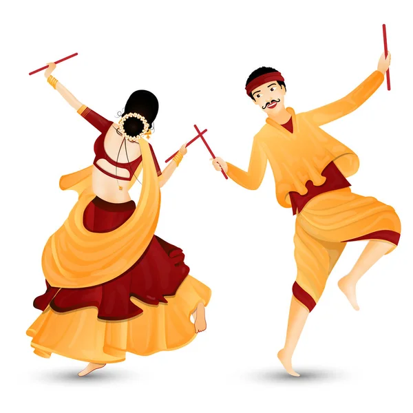 Jovem casal personagem dançando com paus dandiya . — Vetor de Stock
