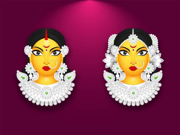 Set of Goddess Durga Face illustration on purple background. Can — Stock Vector