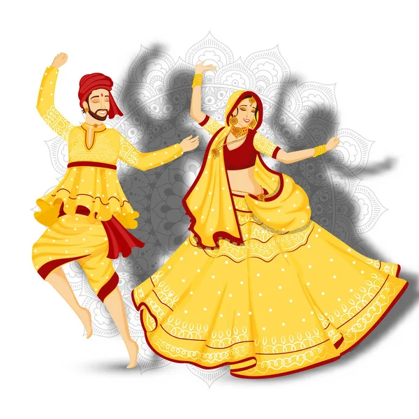 年轻夫妇跳舞加尔巴姿势在白色曼达拉的插图 — 图库矢量图片