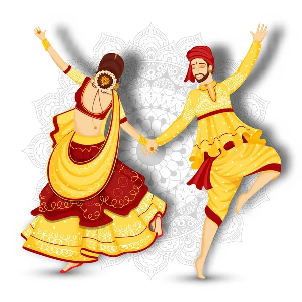 Young couple character dancing garba pose on white mandala flora — Stock Vector